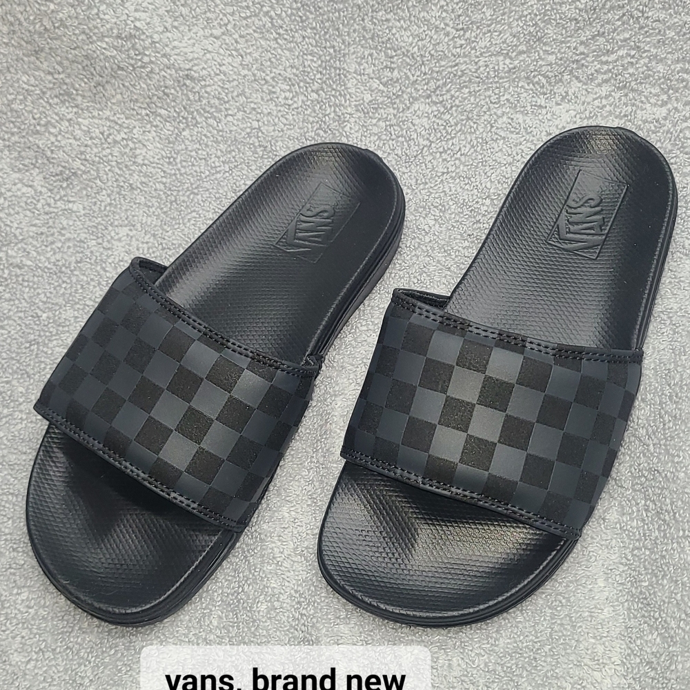Vans Black Slide Sandals Checkerboard Design